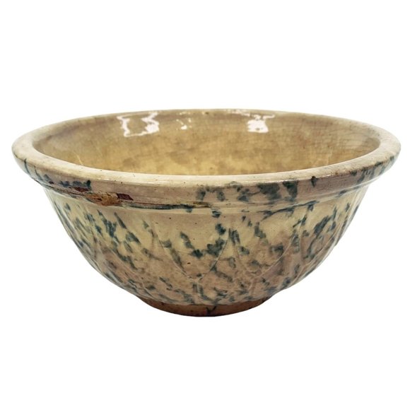 Antique Yellow Ware 8" Mixing Serving Bowl Green Spongeware Pottery Primitive - Picture 6 of 12